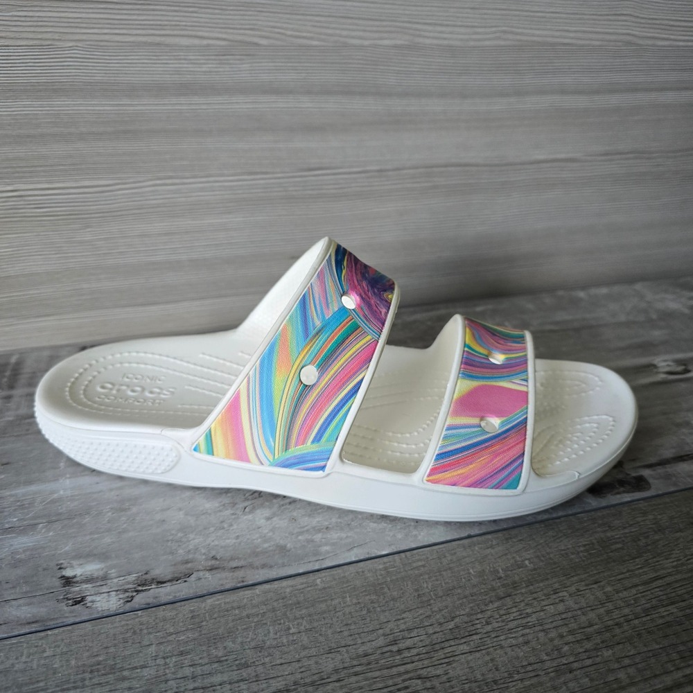 Crocs Classic Marble Sandal Women White Multi Color Swirl Croslite Slide